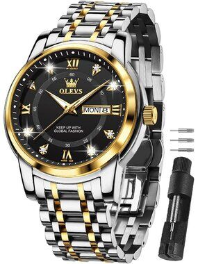 Mens Silver Black Stainless Steel Waterproof Roman Numbers Diamond Classic Watch